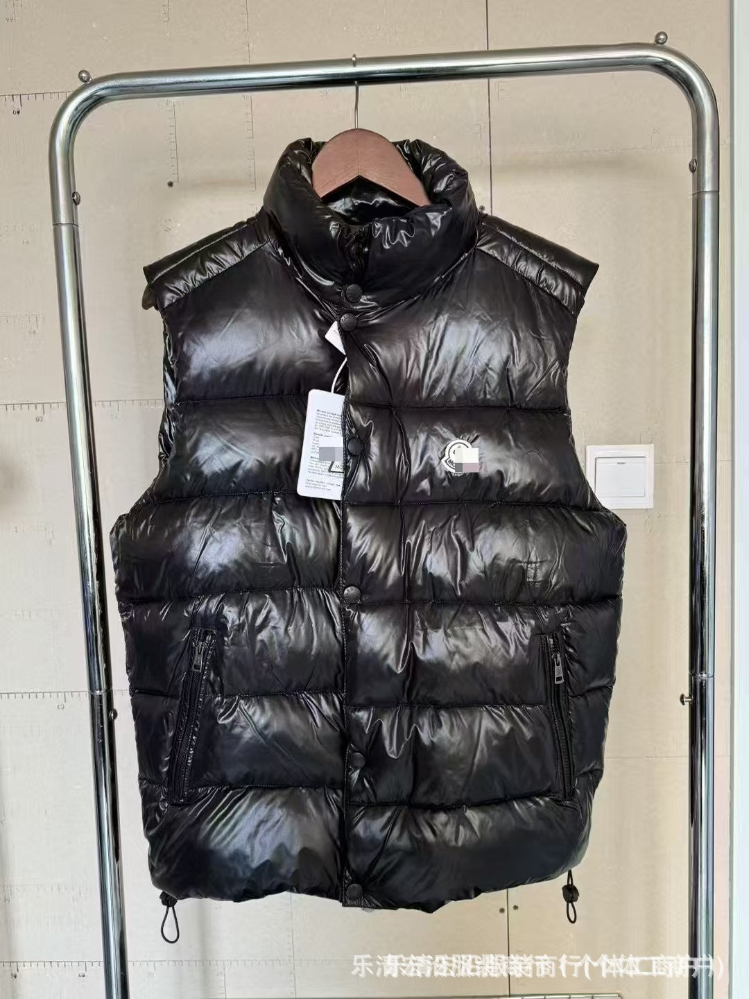 Ribbed Black Puffer Vest with Diagonal Zipper and Stand Collar