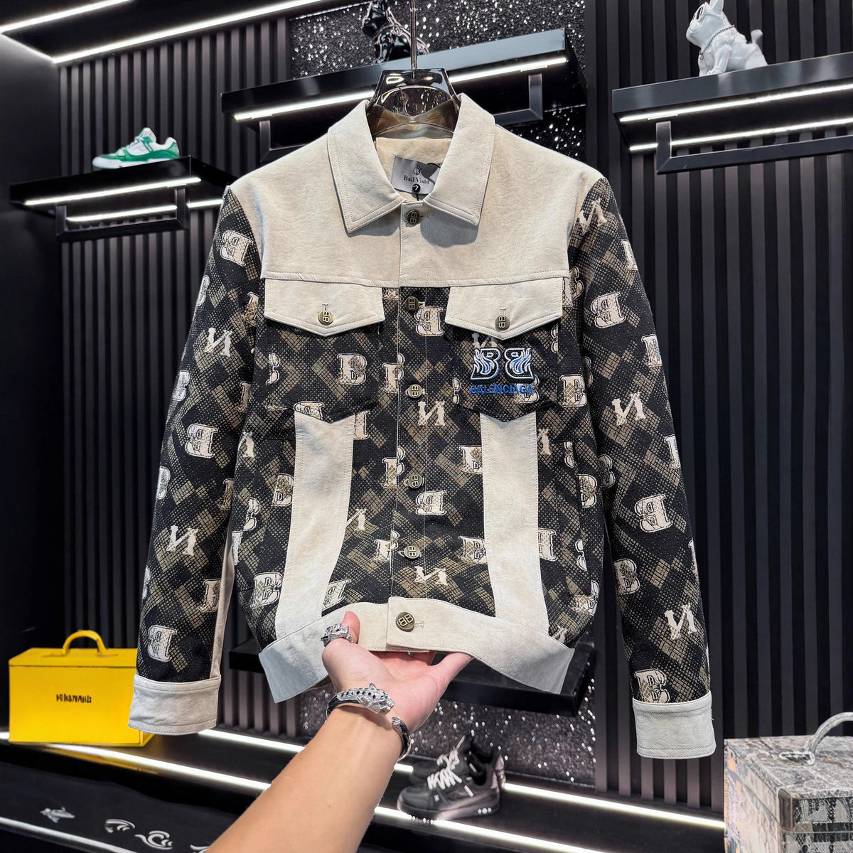 Black and Beige Patchwork Embroidered Baseball Jacket