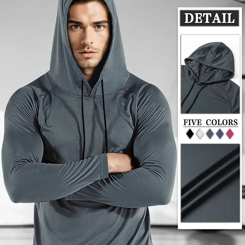 Men's Moisture-Wicking Long Sleeve Hooded Workout Top Solid Color Gym Fitness Shirt for Training Running and Outdoor Sports