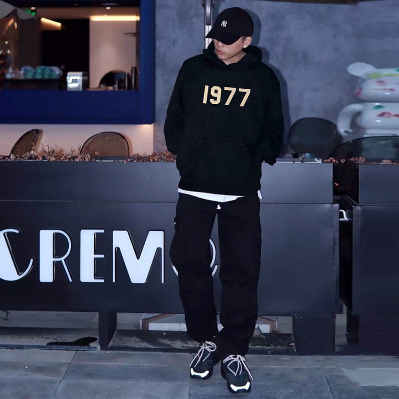 Black and Khaki Fleece Hoodie with Relaxed Fit and Minimal Chest Detail