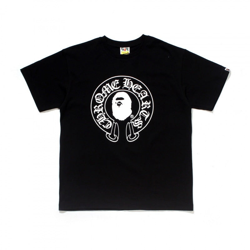 Plaid-pattern cotton short sleeve tee with graphic print