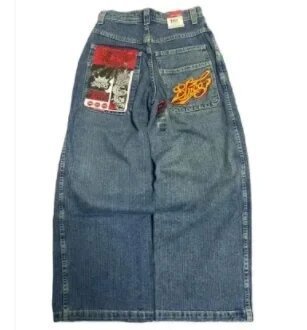 Baggy denim jeans with embroidered back pocket graphics