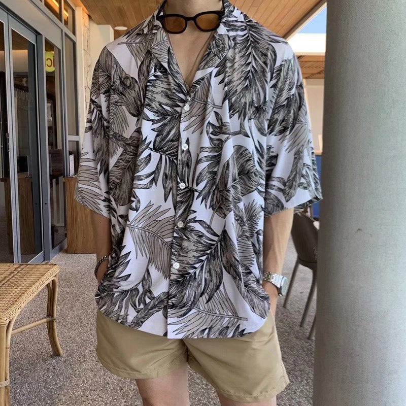 Tropical leaf print short sleeve button up shirt