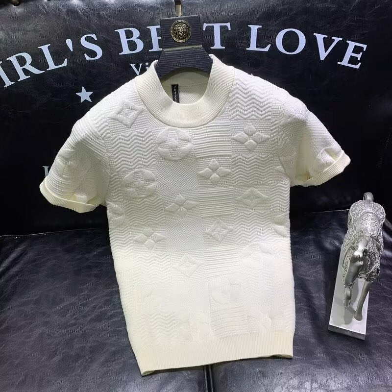 Cream short-sleeve knit sweater with embossed jacquard pattern