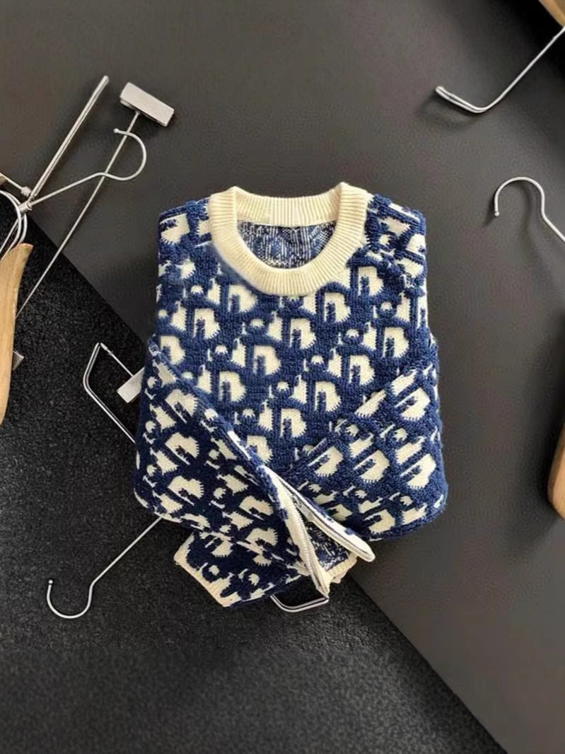 Heavyweight Jacquard-Knit Blue Sweater with Zippered Sleeves