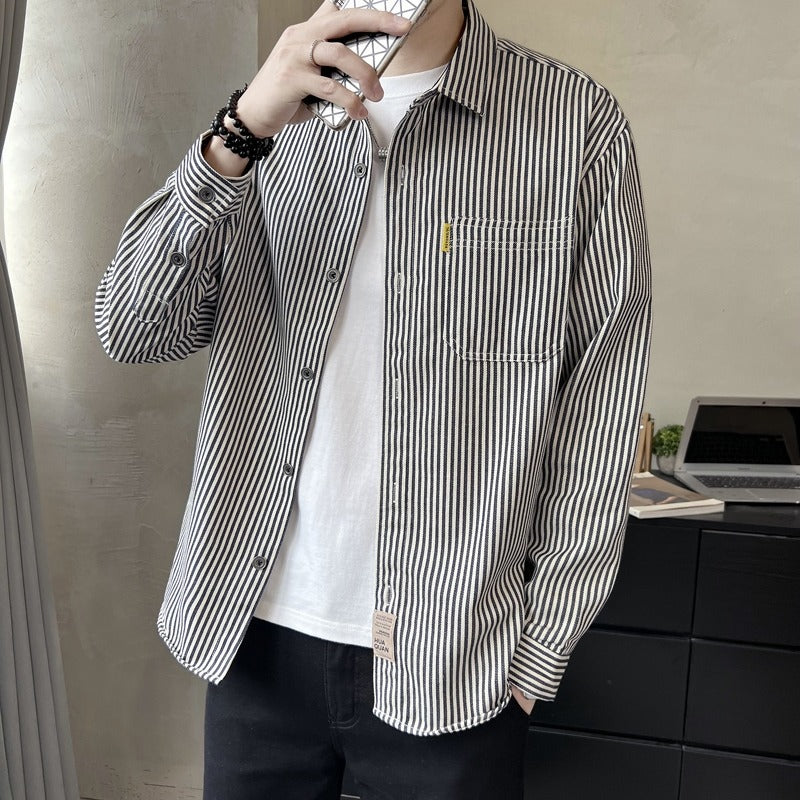 Black-and-white striped long-sleeve button-up shirt