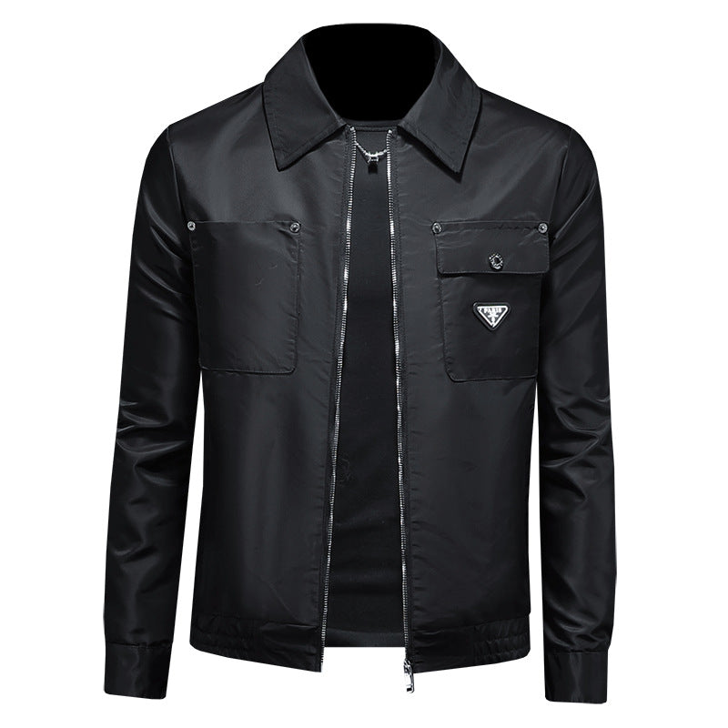 Black zip-front utility jacket with notched lapel and multiple pockets