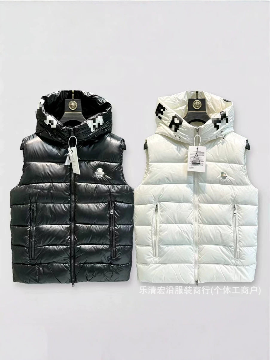 Ribbed Black Puffer Vest with Diagonal Zipper and Stand Collar