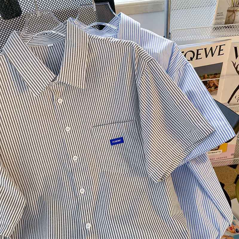 Blue and Gray Striped Short Sleeve Cotton Button-Up Shirt