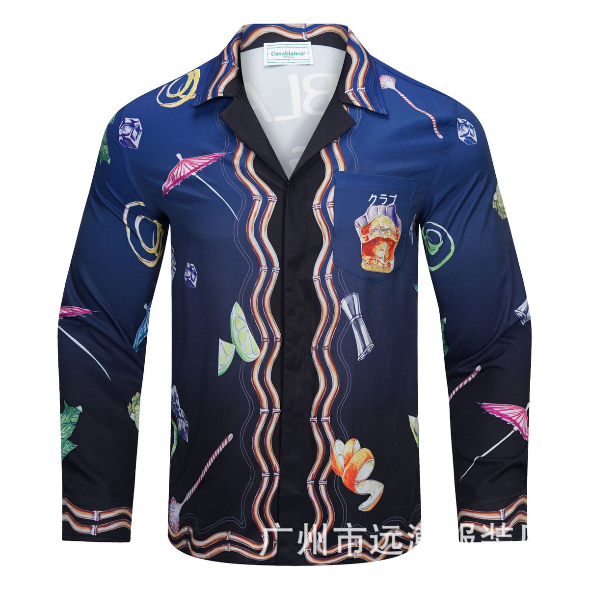 Long-sleeve checkered shirt with tropical graphic print and pastel trim