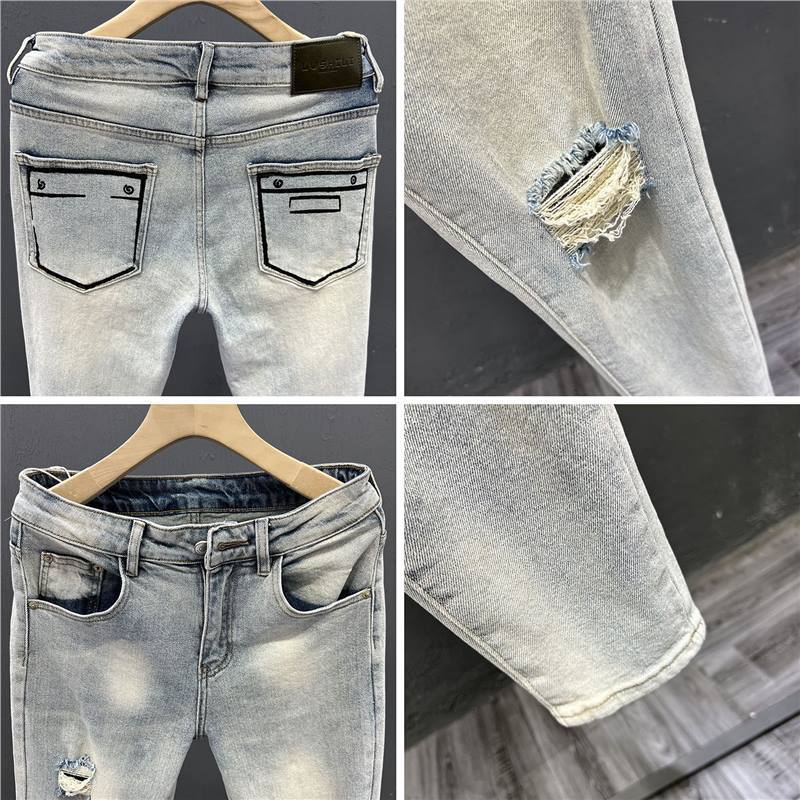 Dark Blue Patchwork Cuffed Slim Fit Denim Jeans