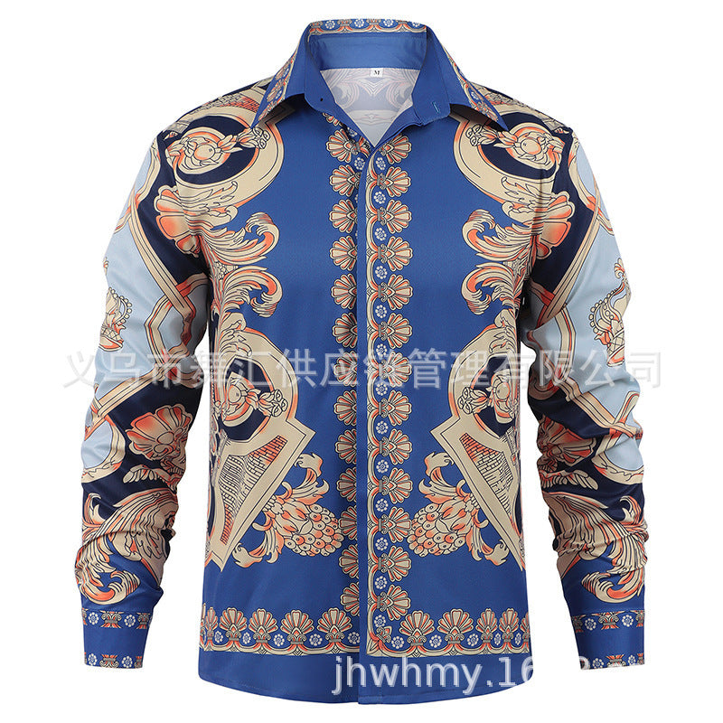 Black Blue White Baroque Dragon Printed Satin Slim Fit Long Sleeve Dress Shirt