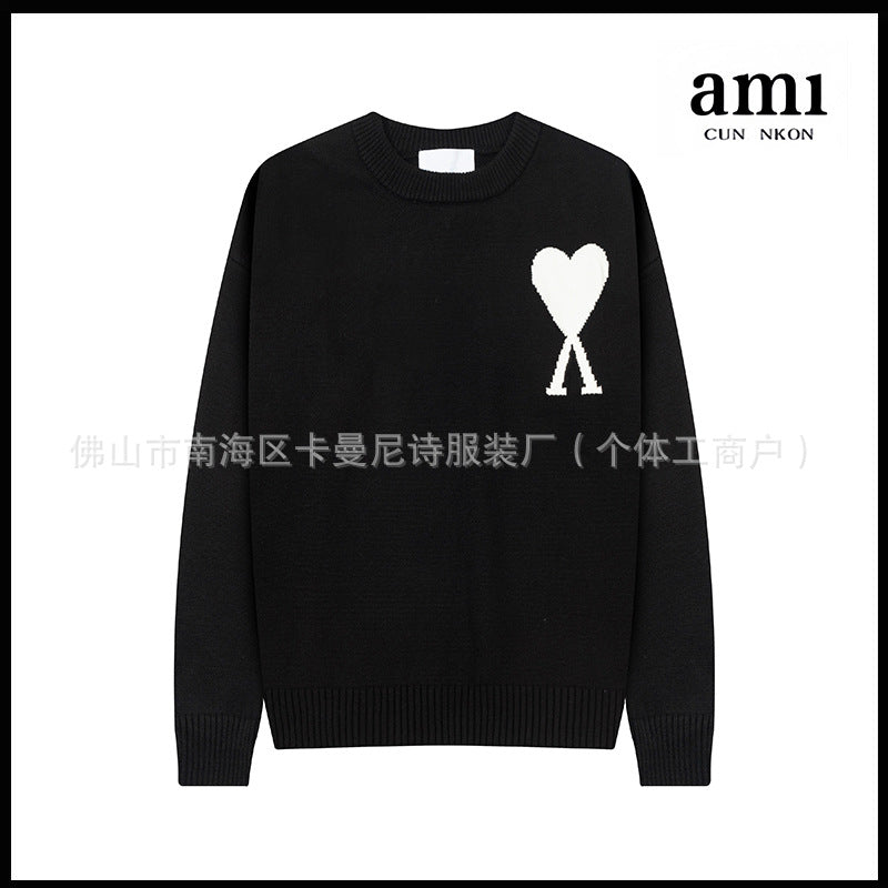 Black or White Jacquard Knit Pullover Sweater with Contrasting Heart Motif