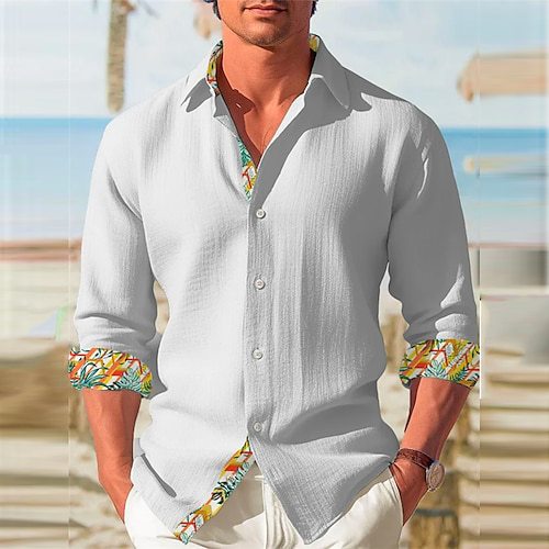 Minimalist long sleeve button-up shirt with plaid collar and cuffs