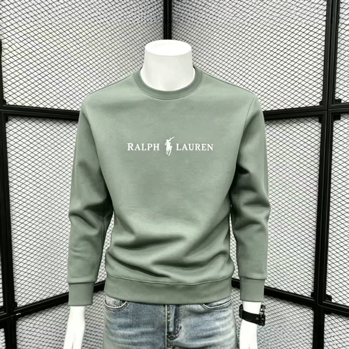 Navy Blue and Sage Green Relaxed-Fit Cotton Sweatshirt with Ribbed Cuffs and Hem
