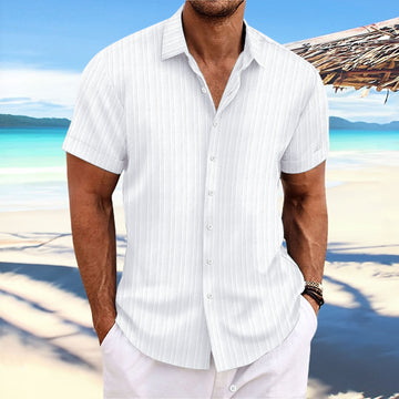 Jacquard striped short-sleeve cotton linen shirt