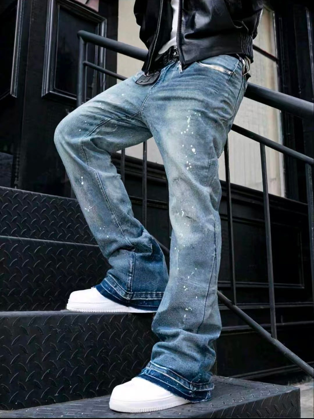 Gray and blue splatter-effect cuffed stretch jeans