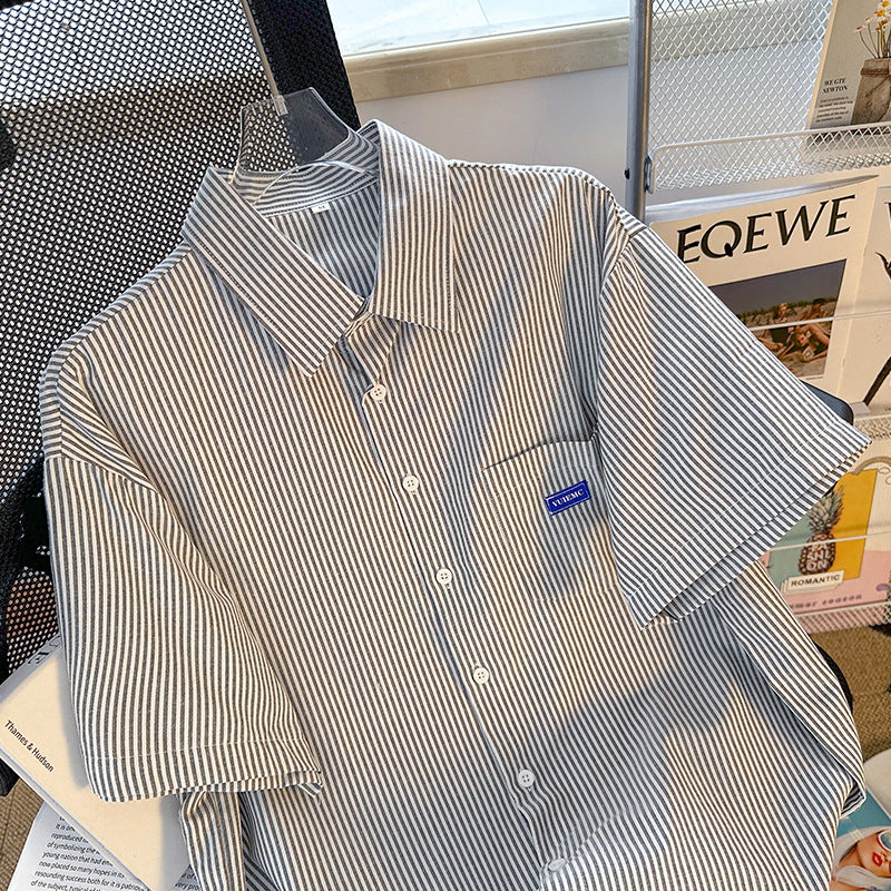 Blue and Gray Striped Short Sleeve Cotton Button-Up Shirt