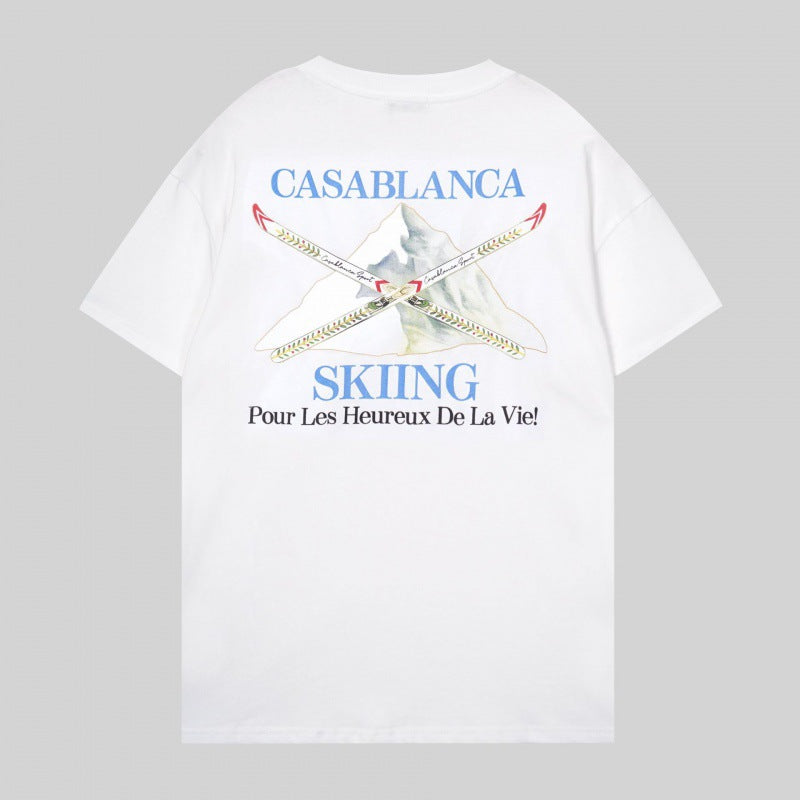 Loose-fit short sleeve t-shirt with blue and white floral script print