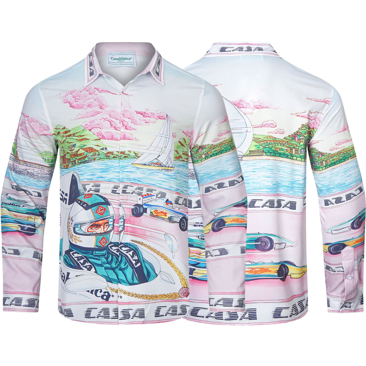 Long-sleeve checkered shirt with tropical graphic print and pastel trim