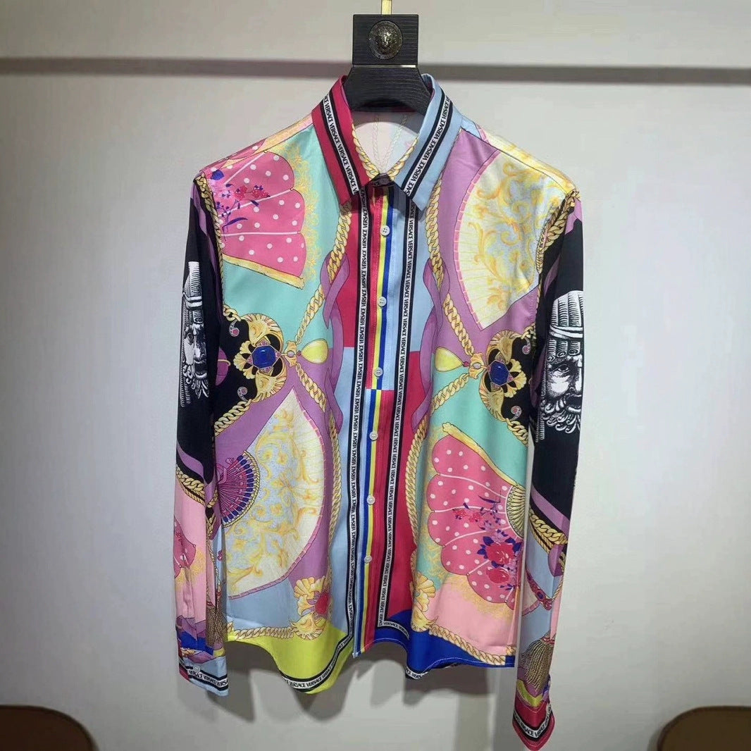 Baroque-Print Long-Sleeve Cotton Shirt in Pink Yellow Blue or Black