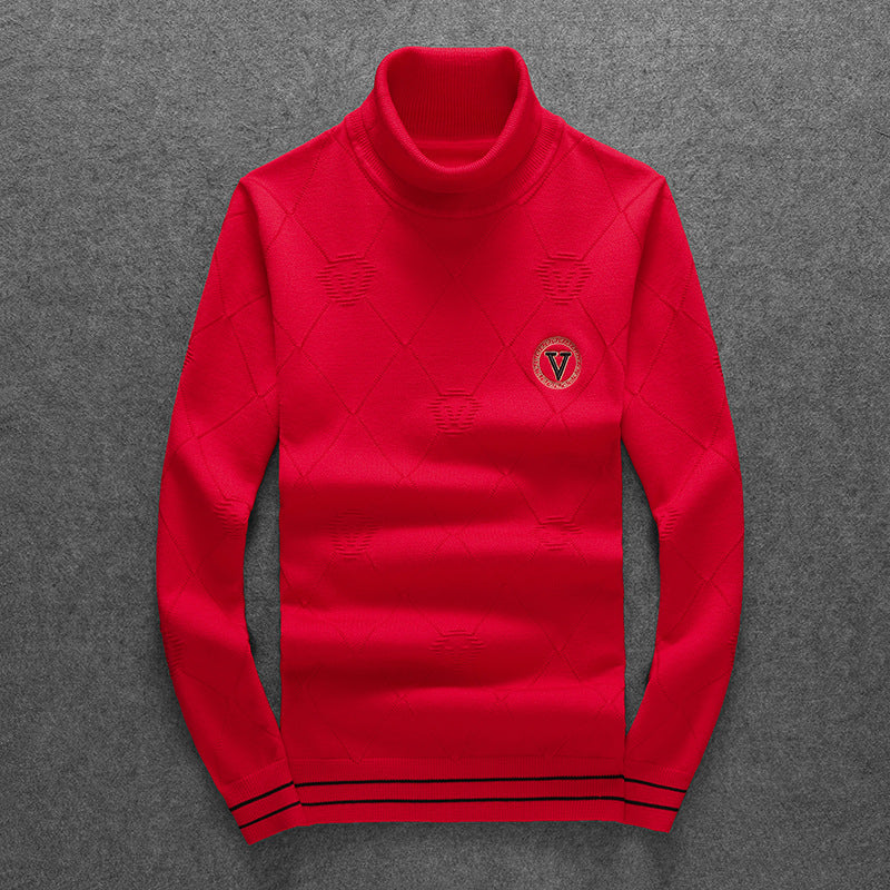 Black or Red Diamond-Pattern Turtleneck Wool Sweater