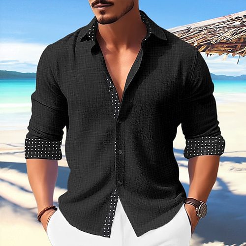 Minimalist long sleeve button-up shirt with plaid collar and cuffs