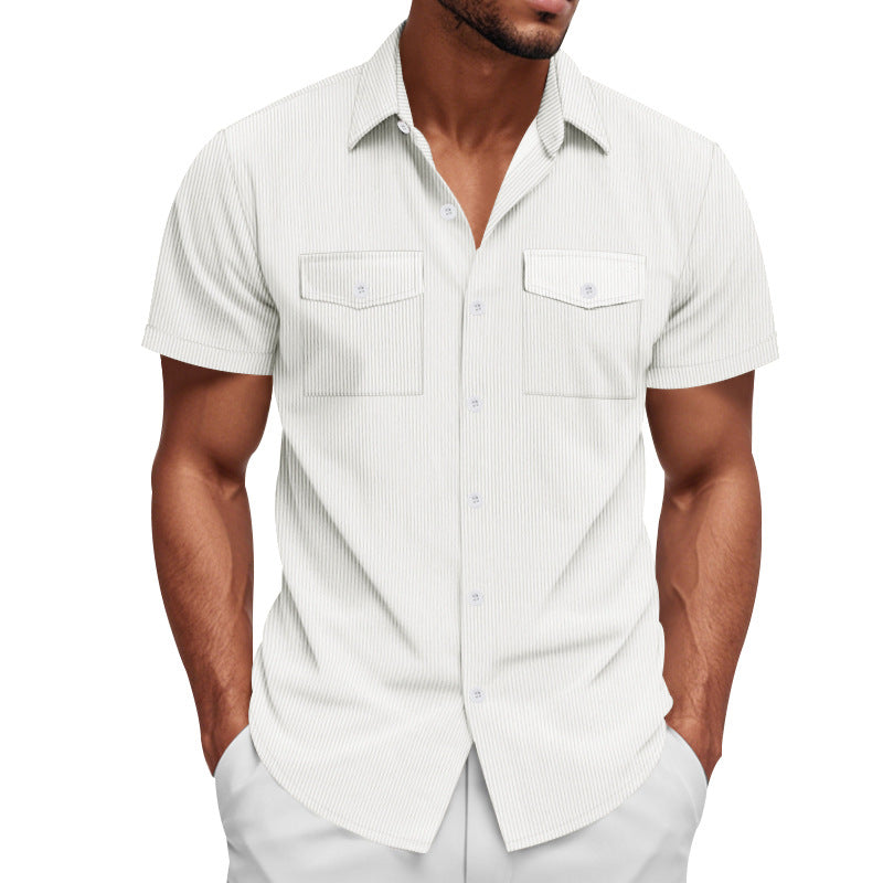 Corduroy short sleeve shirt with chest pockets and turn-down collar