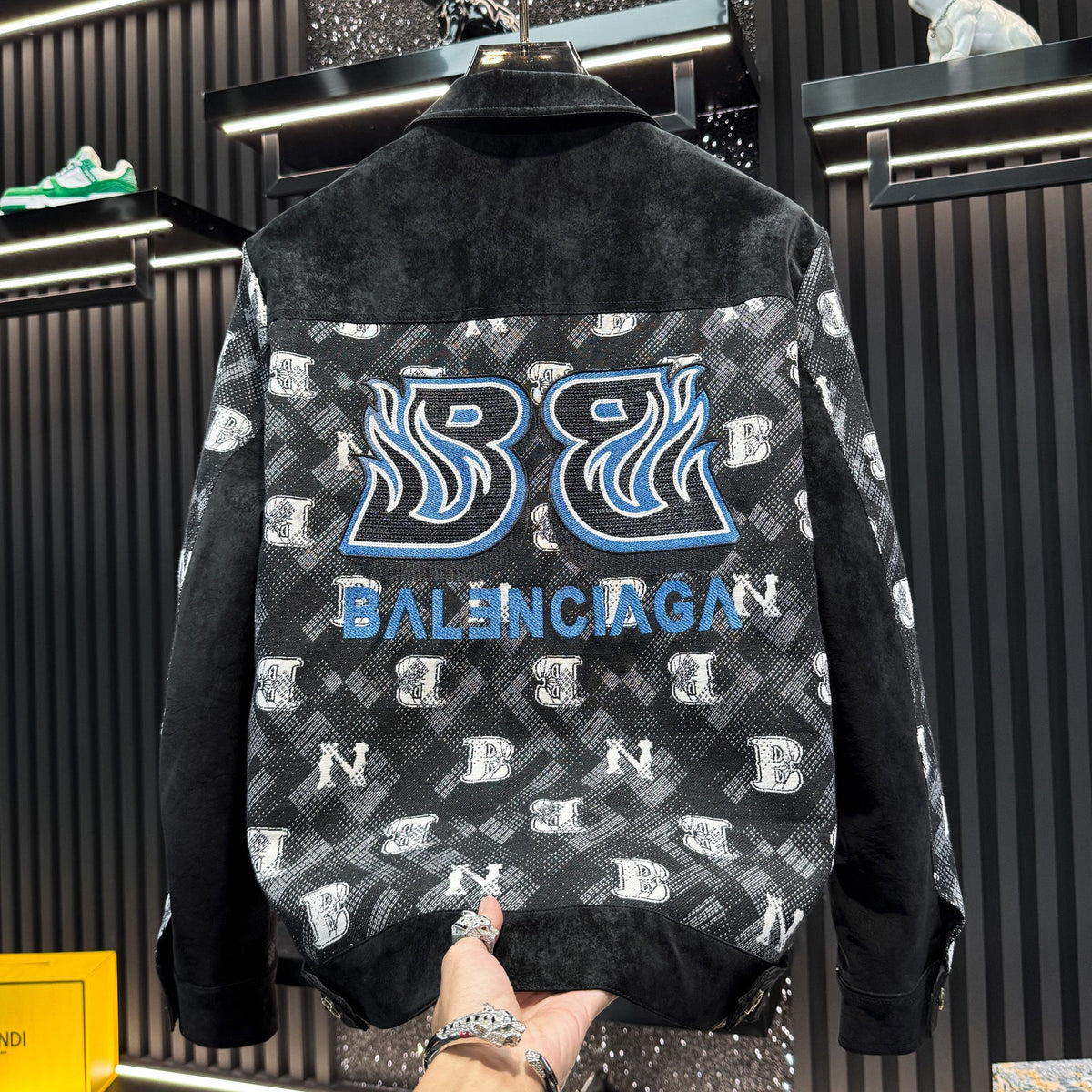 Black and Beige Patchwork Embroidered Baseball Jacket