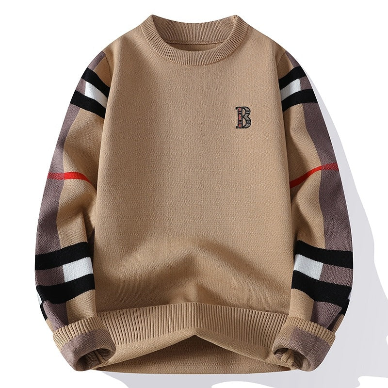 Cashmere-Blend Color-Blocked Knit Sweater in Khaki Gray and Black