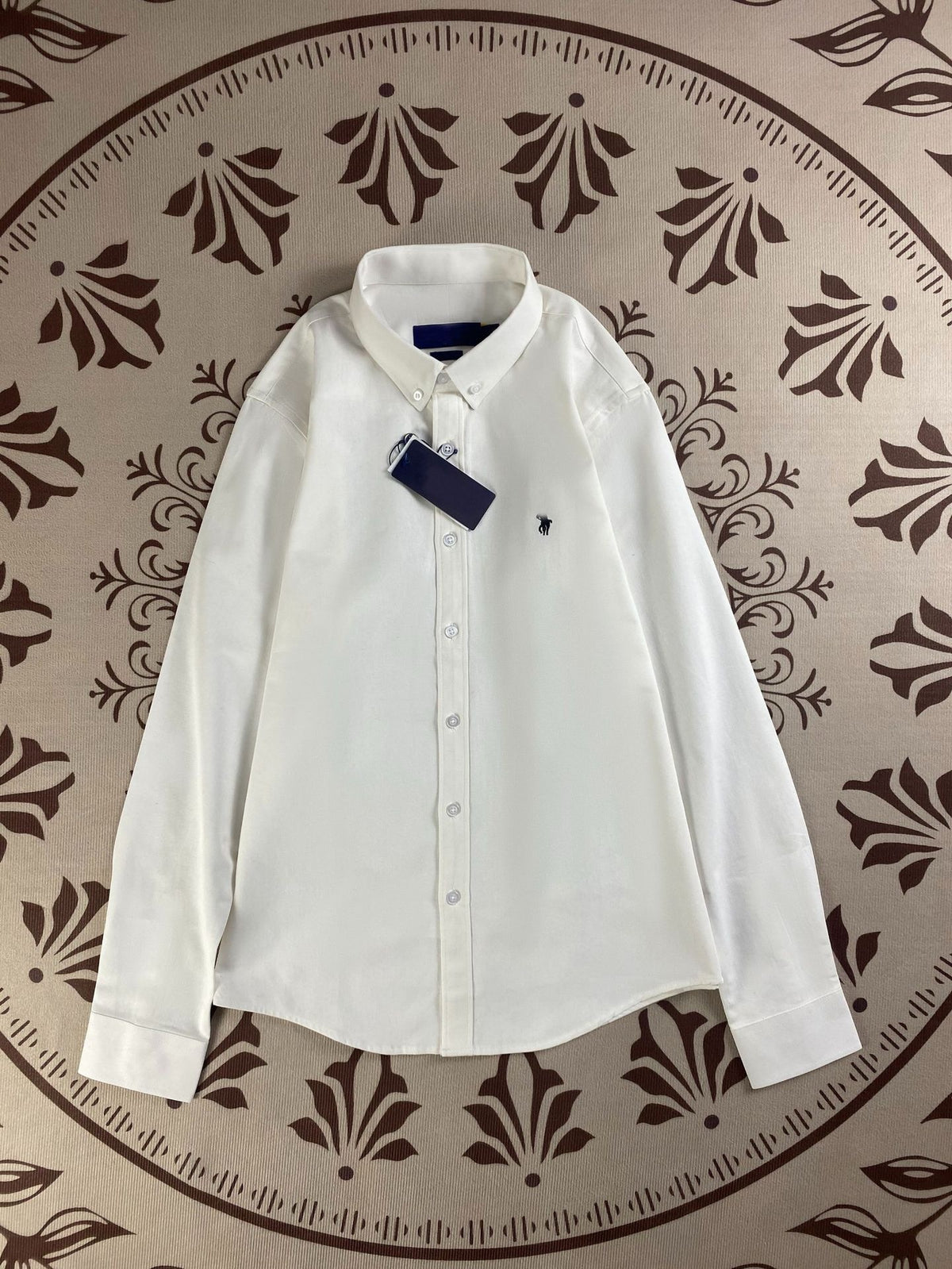 Men's Classic Long Sleeve Button-Down Dress Shirt with Embroidered Chest Logo – Solid White, Navy, Black & Light Blue Cotton Poplin