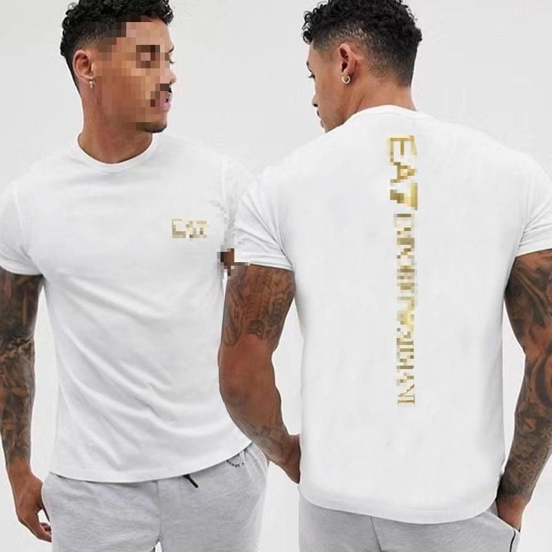 Black short-sleeve round-neck cotton t-shirt with subtle vertical metallic print