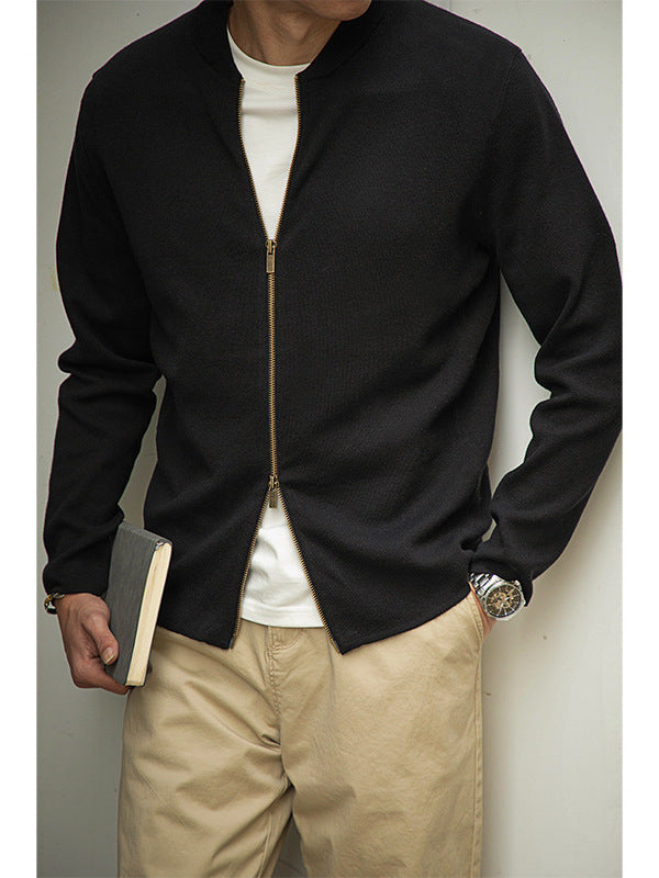 Black Green Brown Knit Cardigan Jacket with Baseball Collar