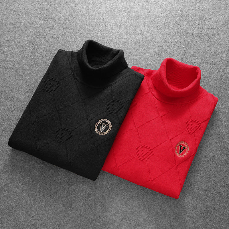 Black or Red Diamond-Pattern Turtleneck Wool Sweater