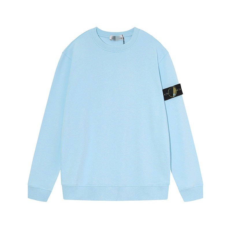 Solid-color hooded zip-up jacket with embroidered badge