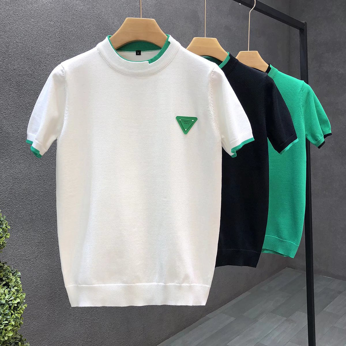 White Black Green Relaxed-Fit Knit Sweater with Ribbed Crew Neck