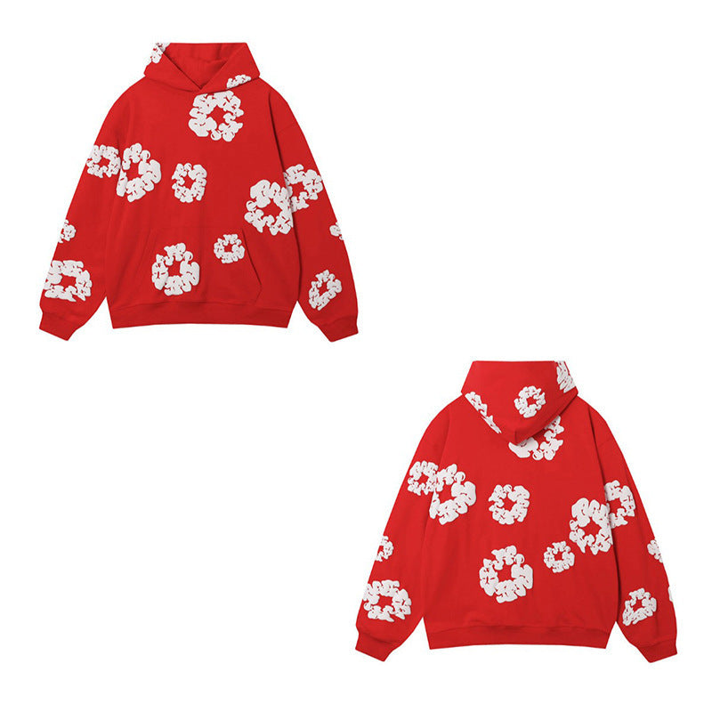 Floral foam-print pullover hoodie with hood and relaxed fit