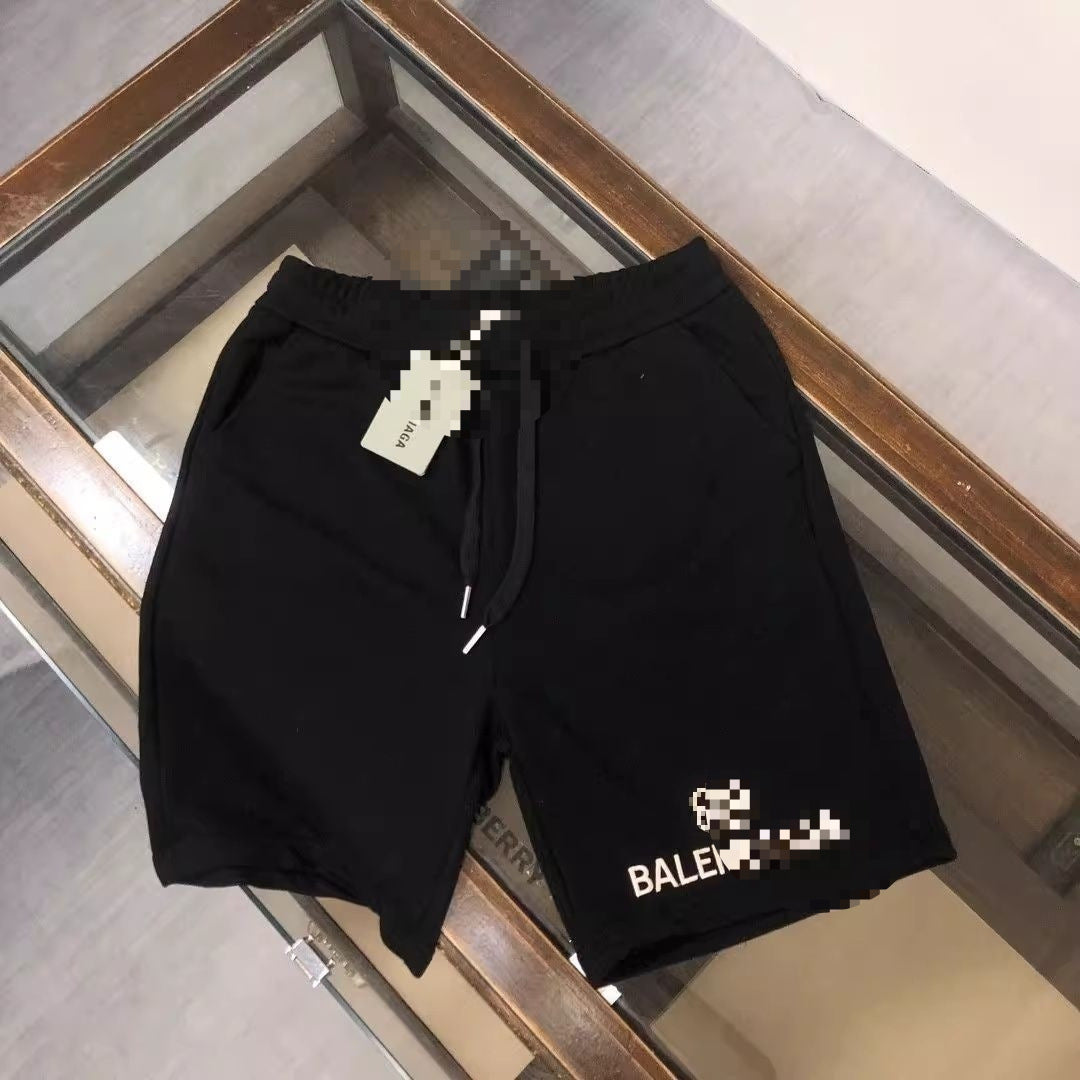 Black and beige cotton drawstring shorts with relaxed straight-leg fit