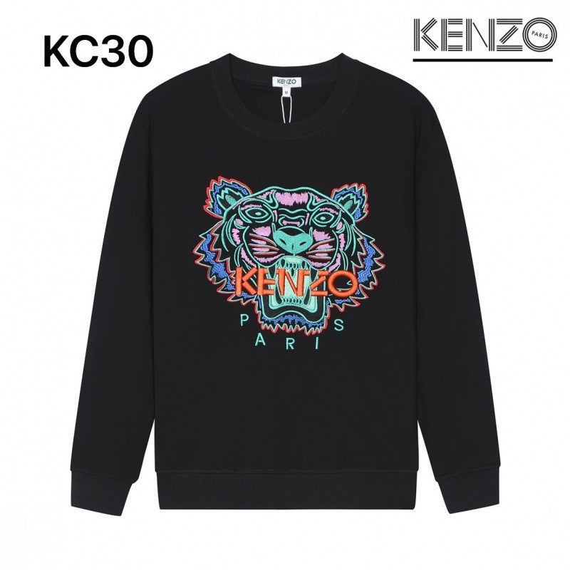 Black Terry Crewneck Sweatshirt with Embroidered Tiger Motif