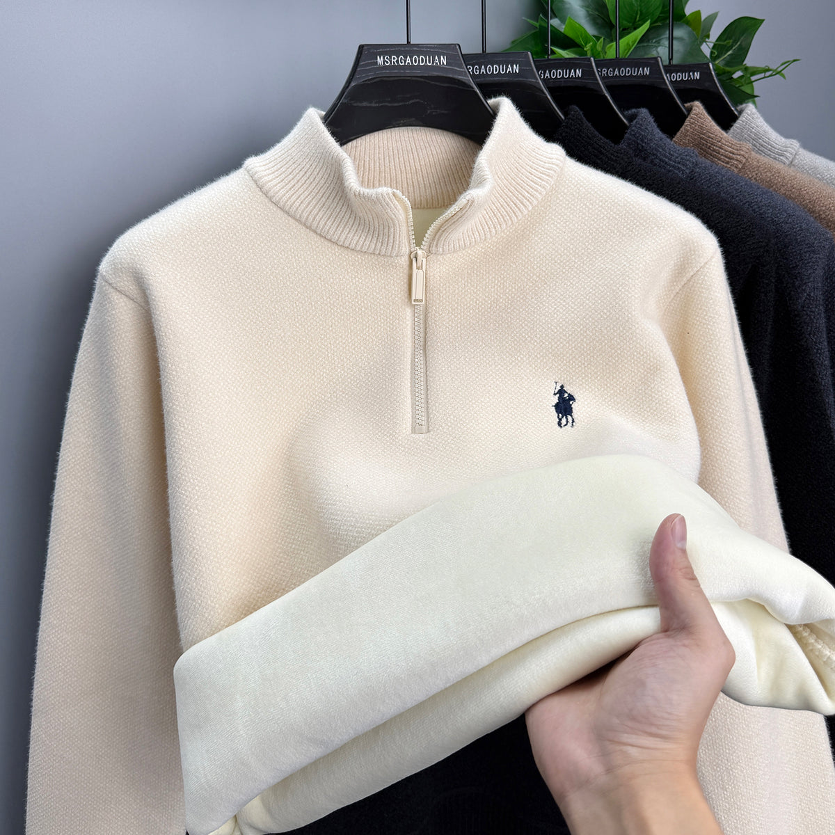 Camel Rib-Knit Half-Zip Sweater with Textured Cable Pattern