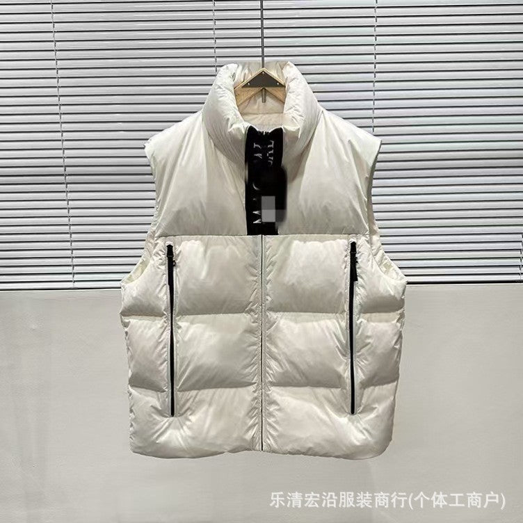 Ribbed Black Puffer Vest with Diagonal Zipper and Stand Collar