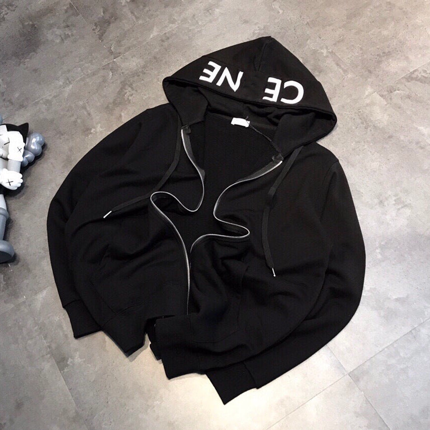 Black and Gray Cotton Patchwork Hoodie with Full-Zip Front