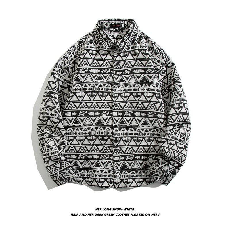 Oversized geometric tribal print button-up shirt