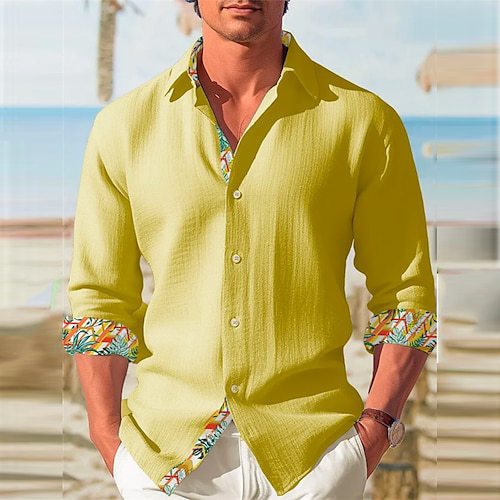 Minimalist long sleeve button-up shirt with plaid collar and cuffs