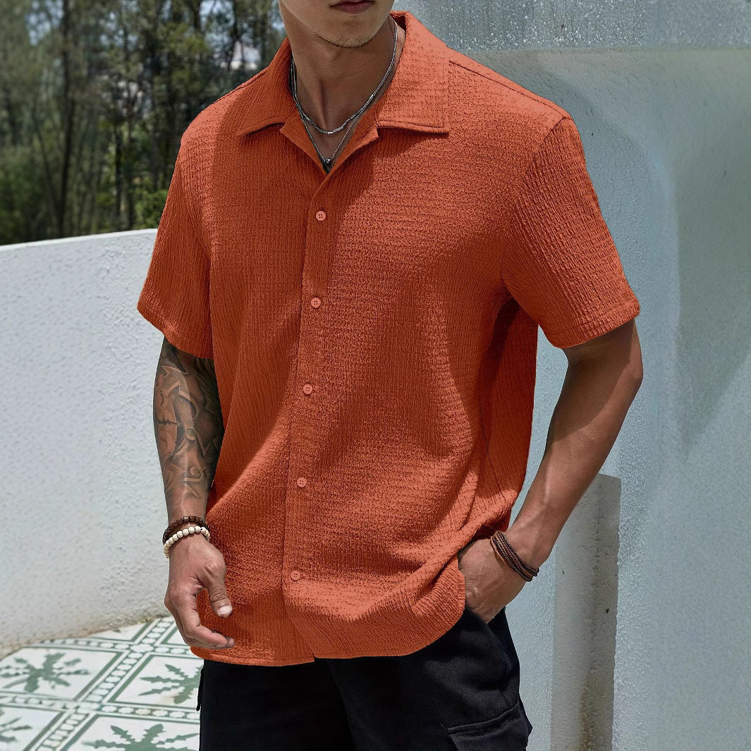 Textured Knit Short-Sleeve Collarless Shirt in Solid Colors