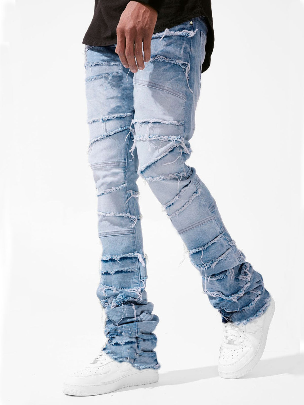 Distressed Patchwork Denim Straight Leg Jeans