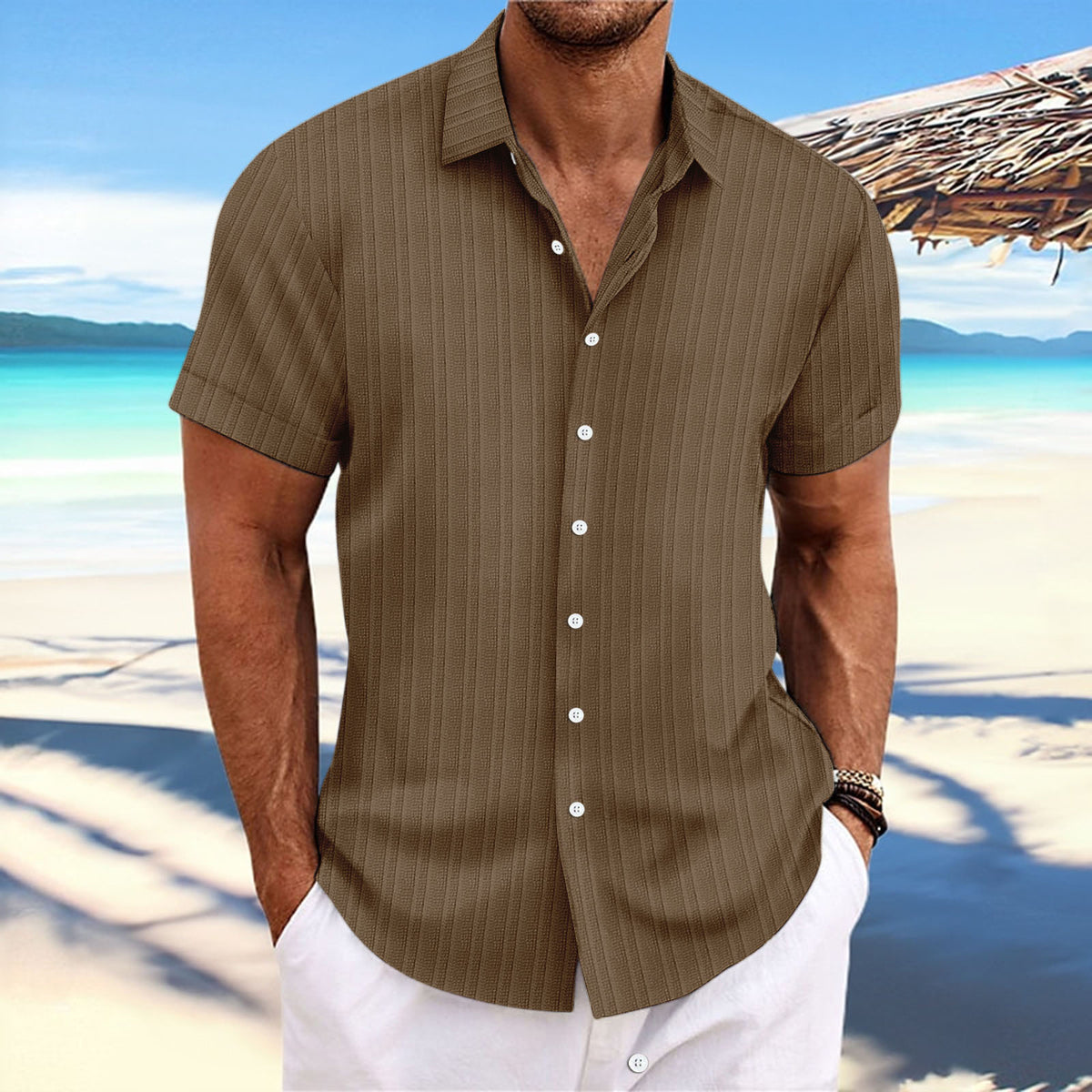Jacquard striped short-sleeve cotton linen shirt