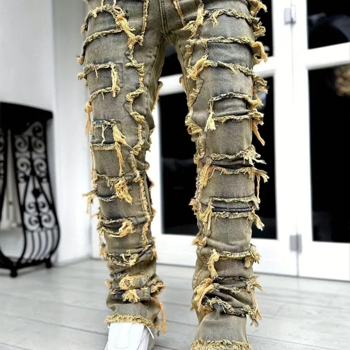 Light-Wash Distressed Straight-Cut Denim Pants