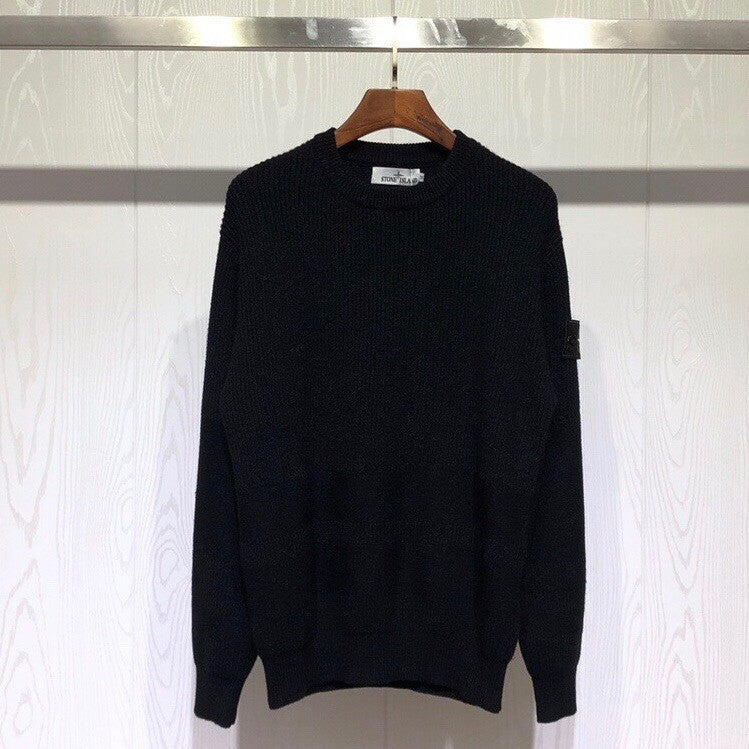 Ribbed Wool Crew Neck Sweatshirt in Light Gray with Embroidered Sleeve Detail