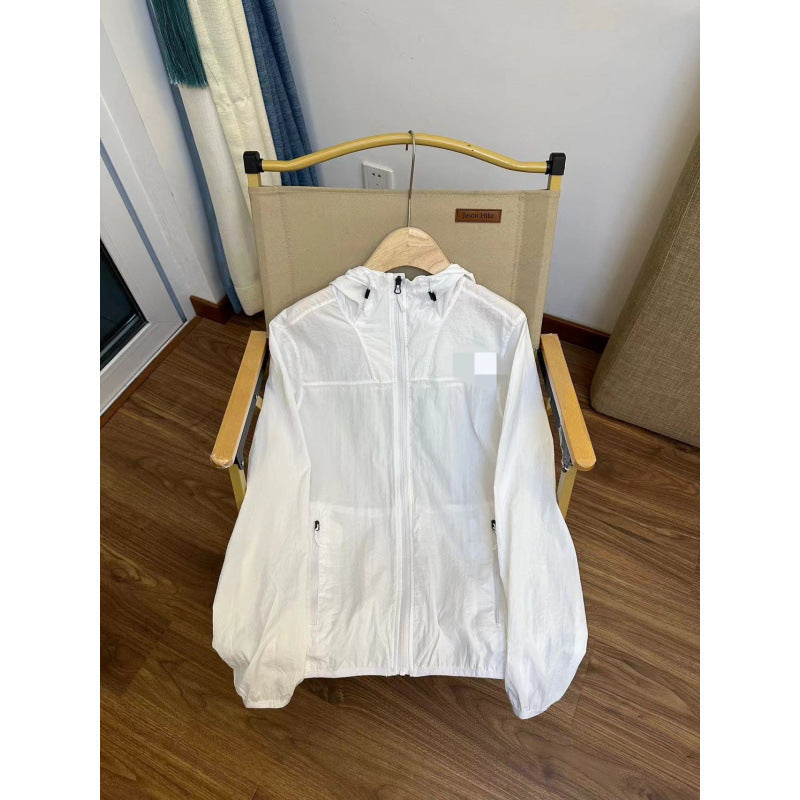 Color-block navy and beige hooded windbreaker jacket